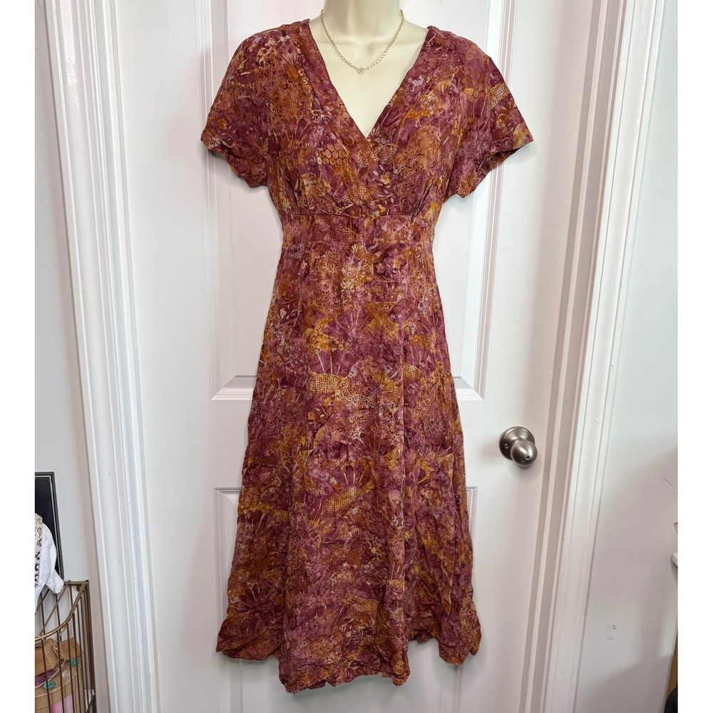 Wind River Batik Midi Dress Womens Medium Rayon Boho V-Neck Tie Back Terracotta